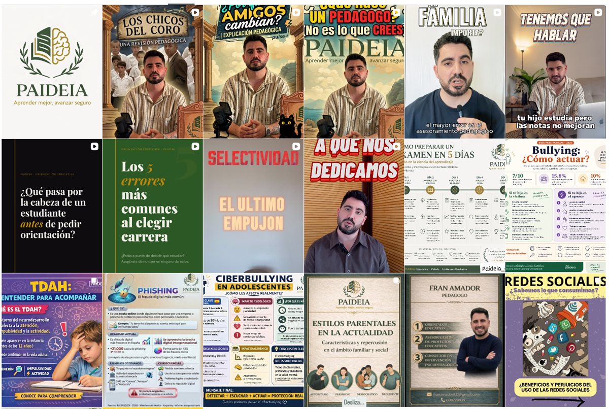 Publicaciones de Paideia en Instagram: vídeos, carruseles e infografías sobre estudio, orientación y familias